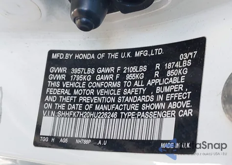 2017 Honda Civic Lx z USA, uszkodzony, nr VIN SHHFK7H20HU226246